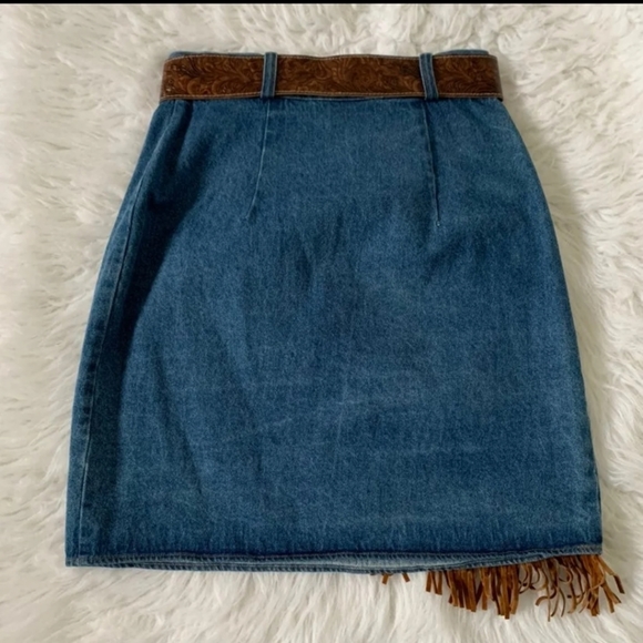 Vintage Faux Suede fringe denim skirt - Picture 3 of 4